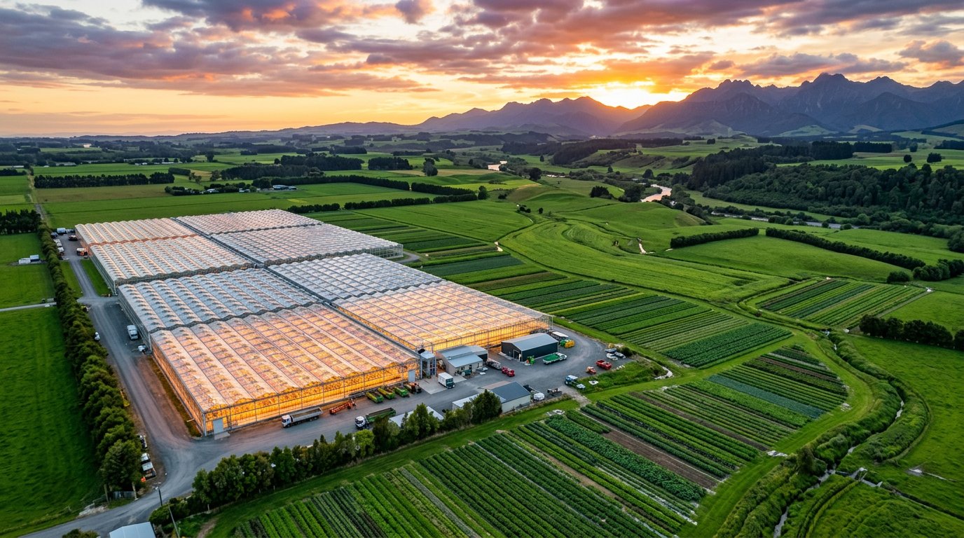Aerial view of HTT 20-hectare greenhouses at sunset