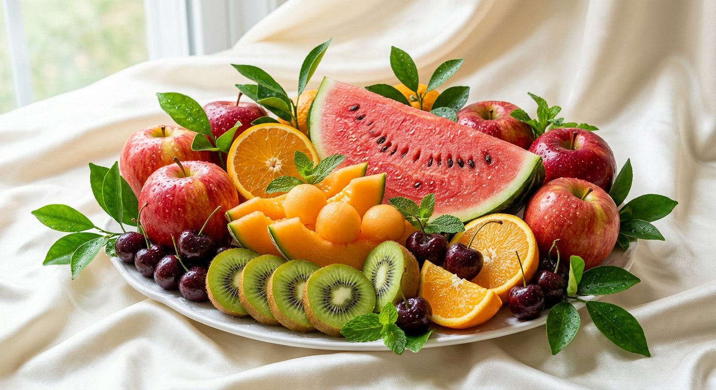 Fresh luxury fruits โ apples, kiwi, oranges, cherries