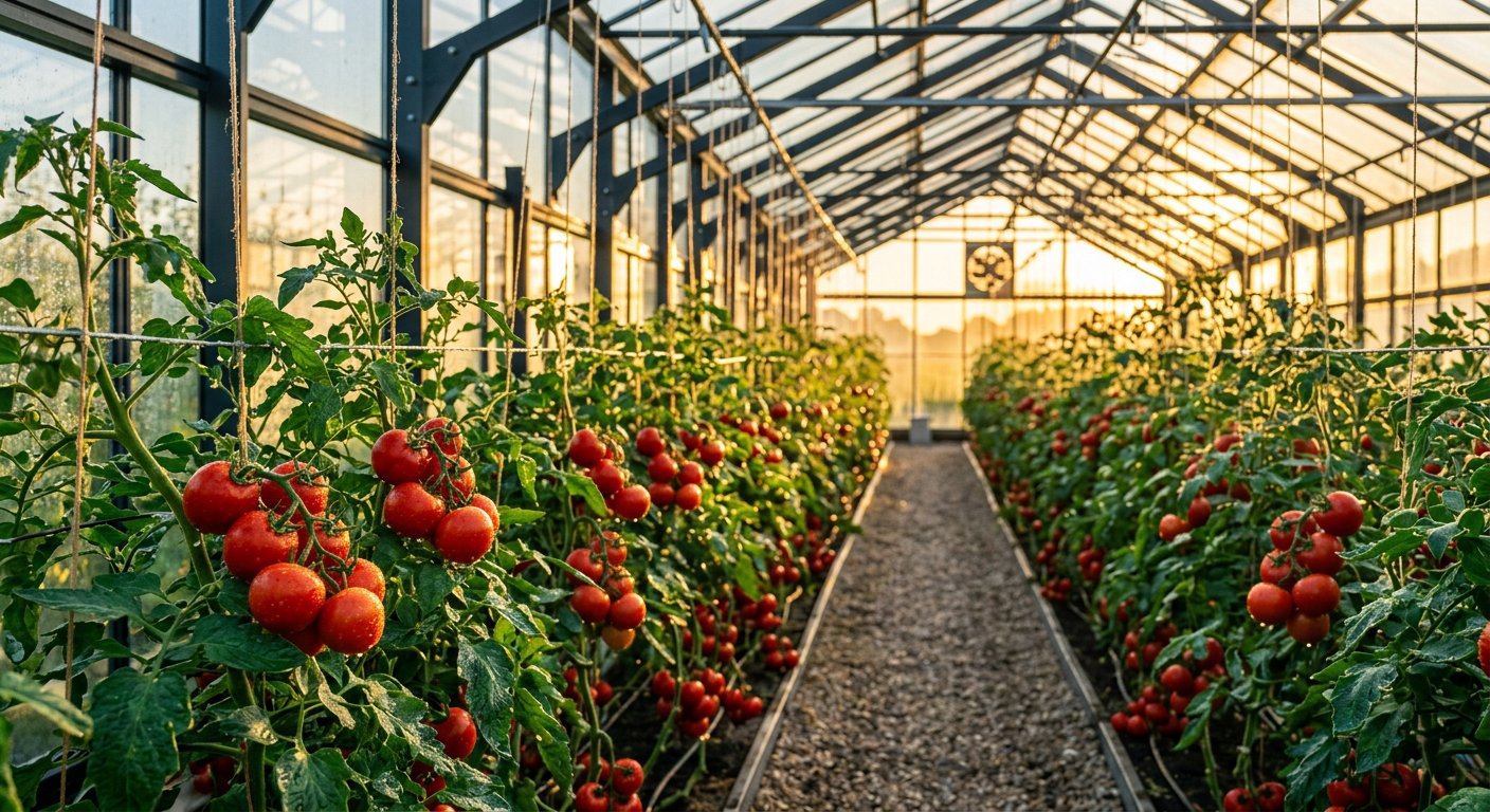 Ripe tomatoes on the vine in HTT greenhouse