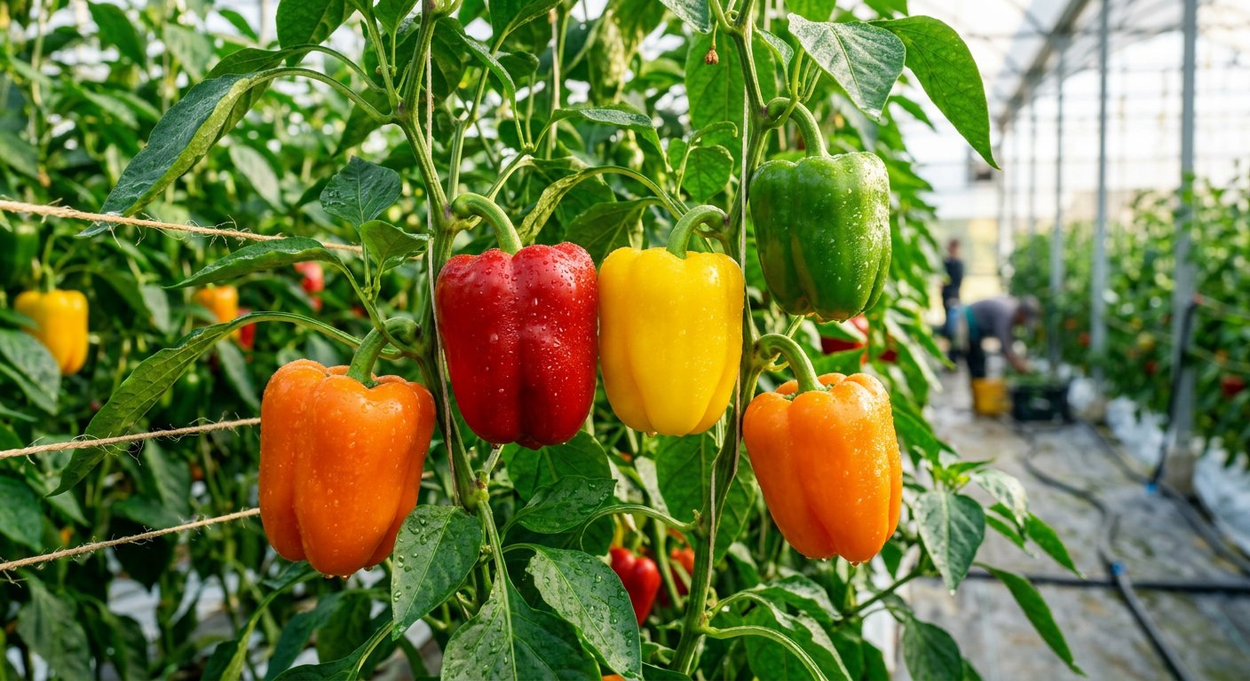 Colorful bell peppers growing in HTT greenhouse