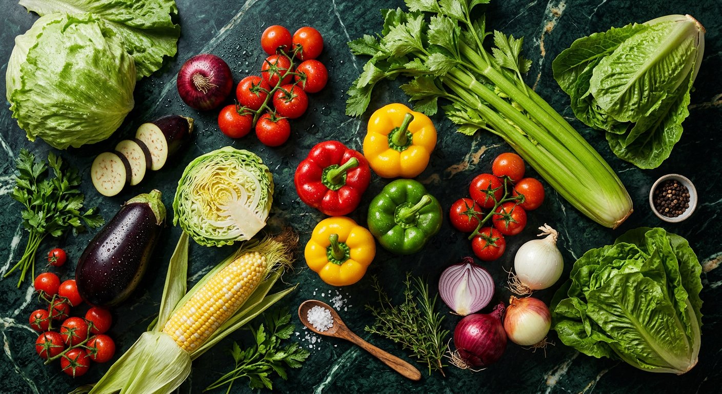 Fresh luxury vegetables โ bell peppers, tomatoes, eggplant